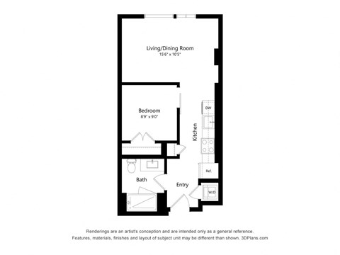 Floor plan for 1 bed, 1 bath, 511 sqft
